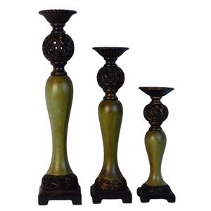 VTG Set of 3 Tuscan Metal and Wood Pillar Candlesticks Stylish Home Decor HG5101